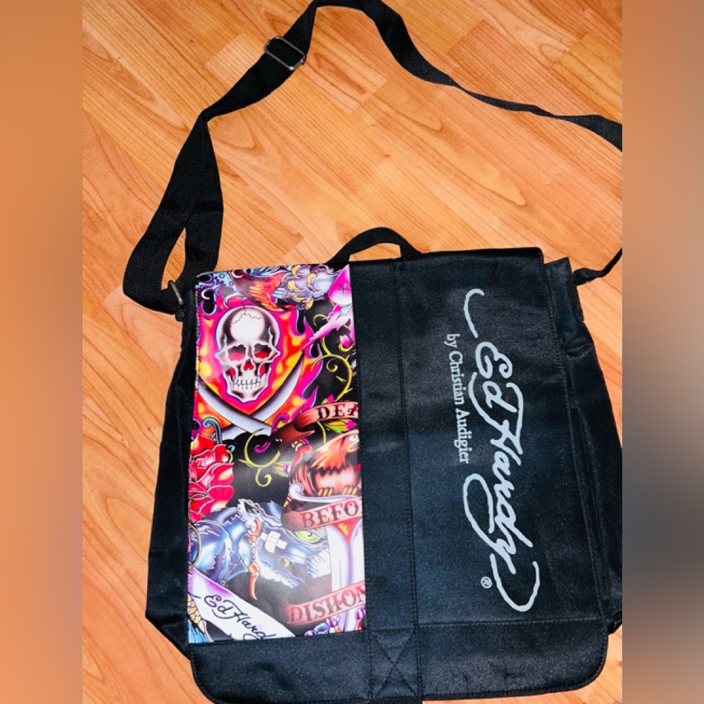 Y2K Don Ed Hardy Vinyl Messenger/ Crossbody Adjustable Bag with handle